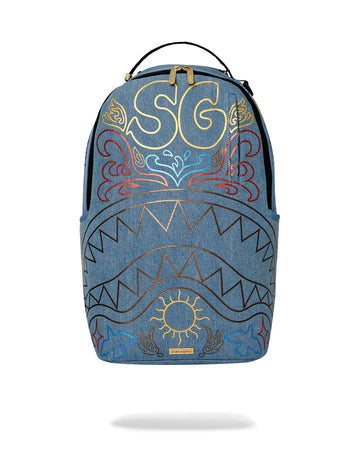 METALLIC PRINTED DENIM SHARK DLXSV BACKPACK