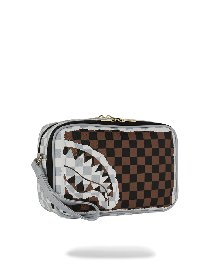 CREAM AND BROWN TEAR CHECK TOILETRY BAG