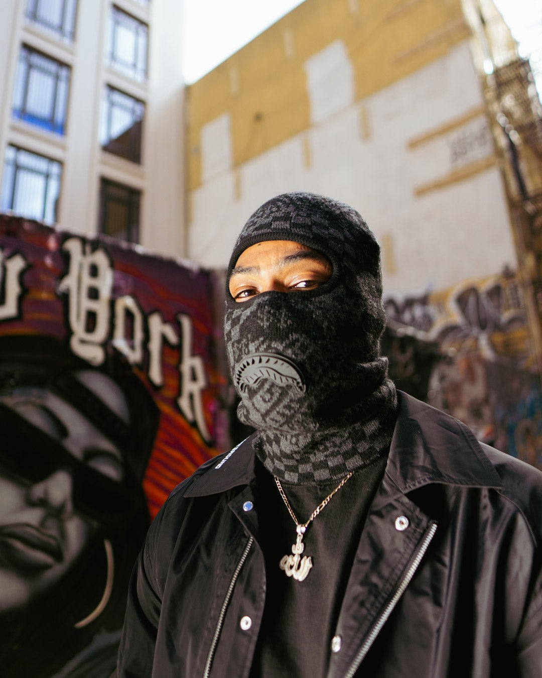 KNIT BLACK WARP CHECK SKI MASK