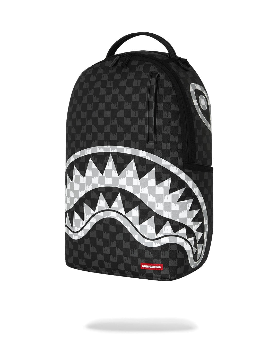 BLACK AND WHITE DRIP CHECK SHARK BACKPACK