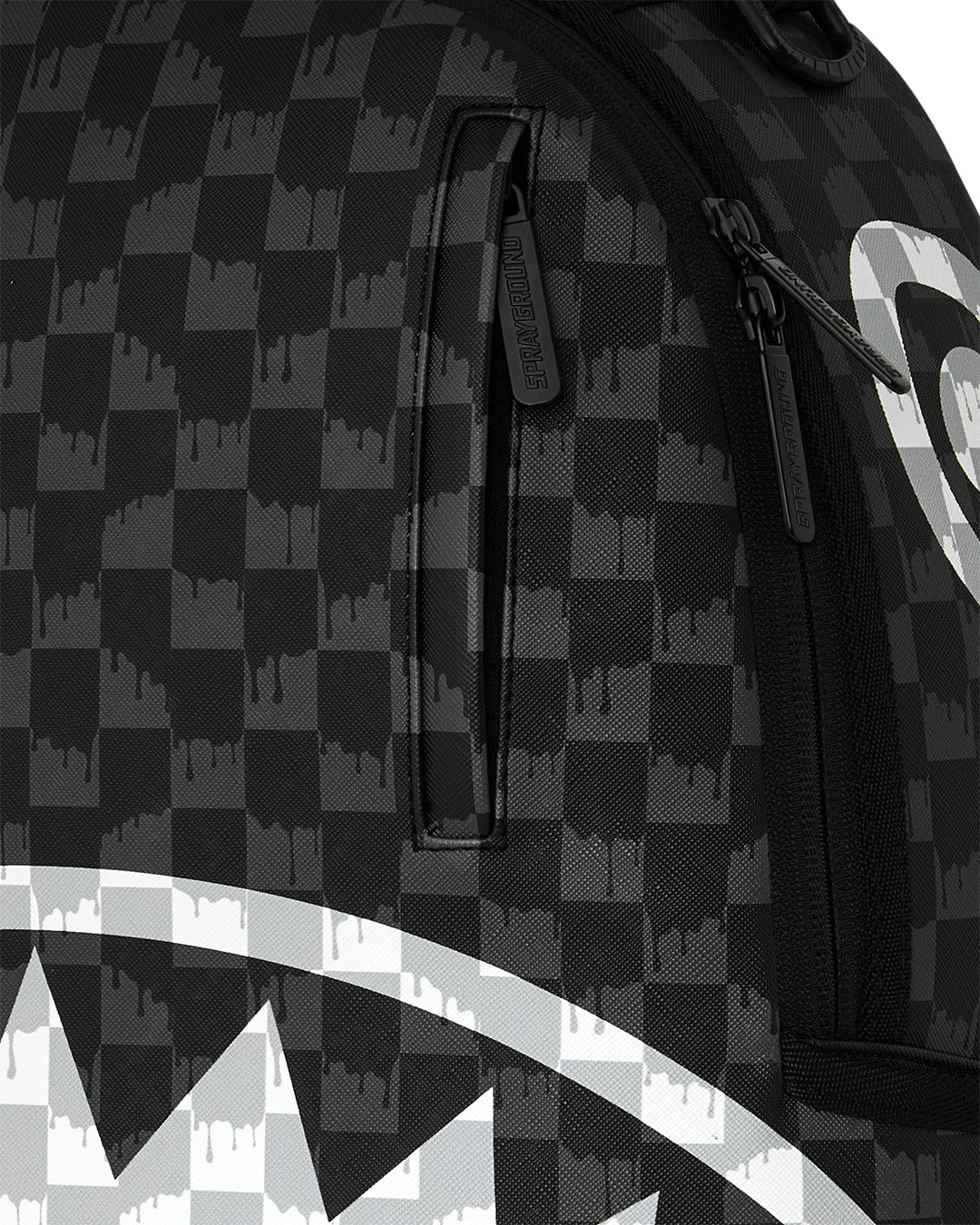 BLACK AND WHITE DRIP CHECK SHARK BACKPACK