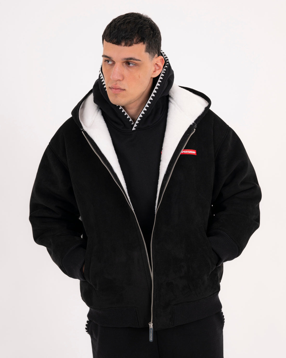 SADDLE STITCHING FAUX SHEEPSKIN JACKET BLACK