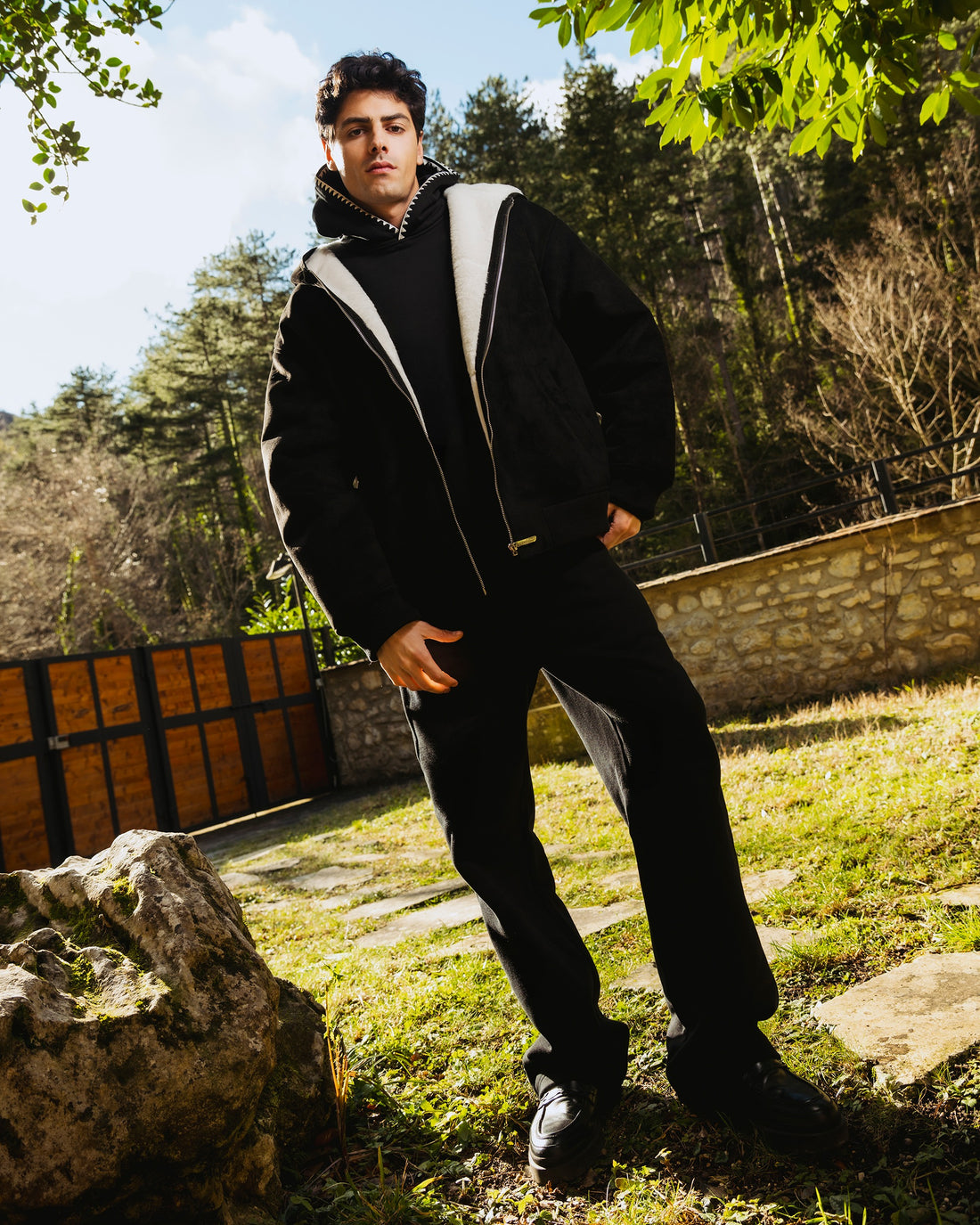 SADDLE STITCHING FAUX SHEEPSKIN JACKET BLACK