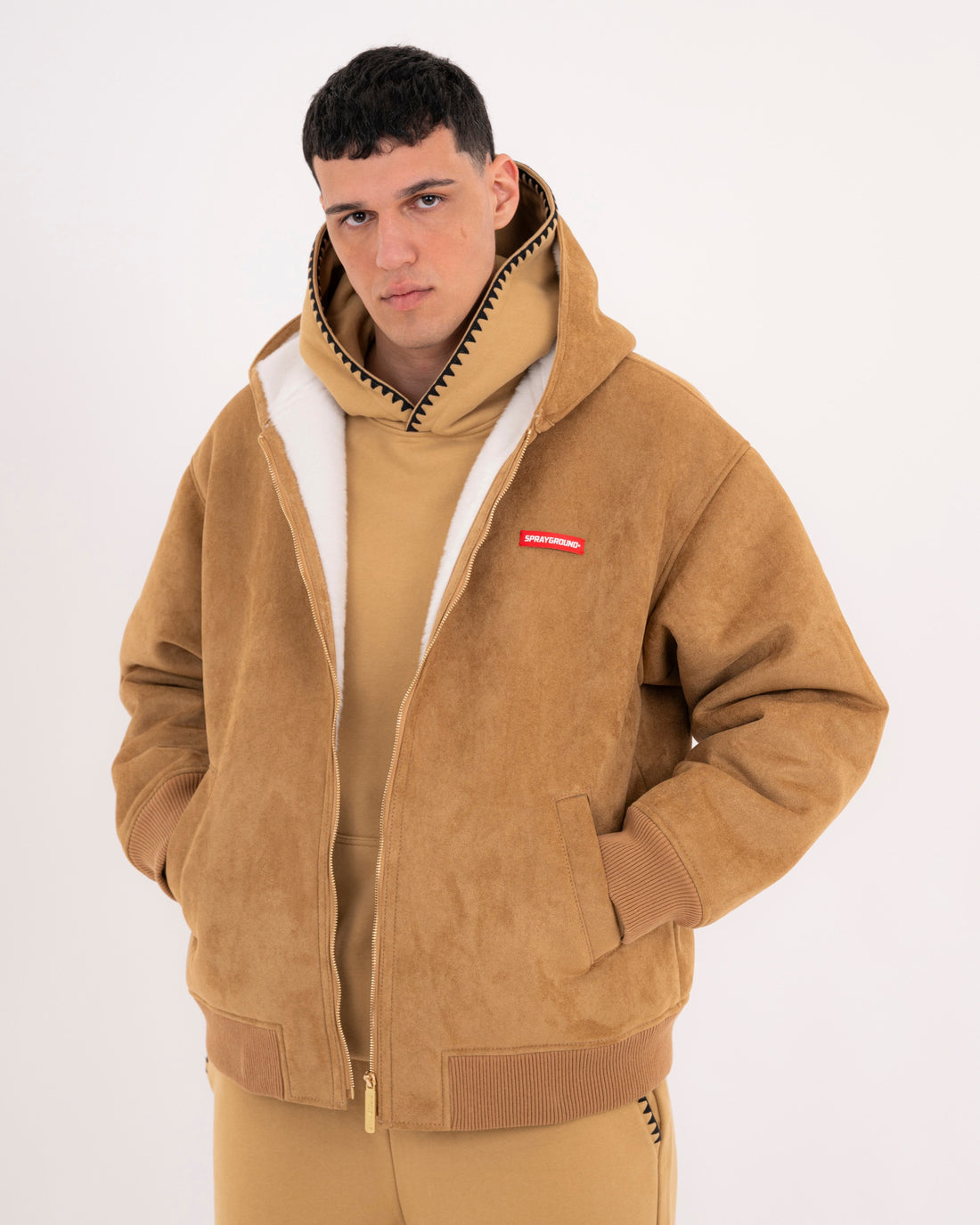 SADDLE STITCHING FAUX SHEEPSKIN JACKET NATURAL