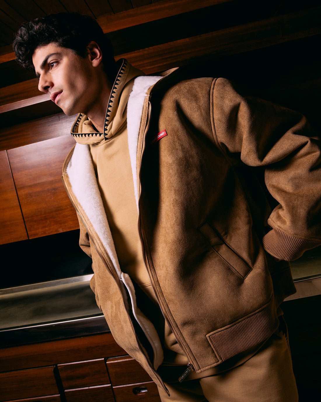 SADDLE STITCHING FAUX SHEEPSKIN JACKET NATURAL