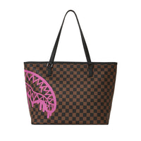 Pink Drip Brown Check Tote Bag