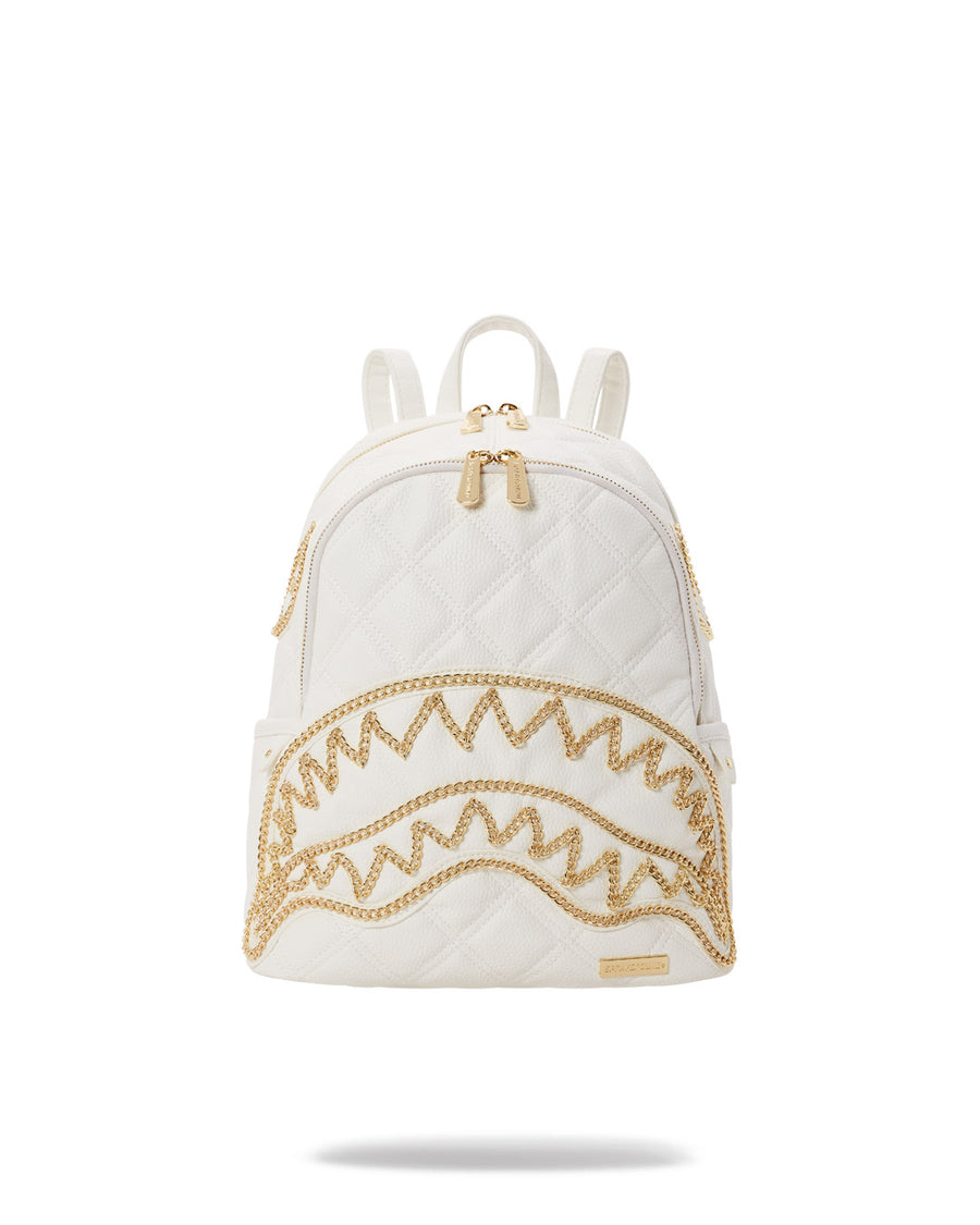 SPRAYGROUND: Quilt Gold Chain Shark Savage Backpack - White